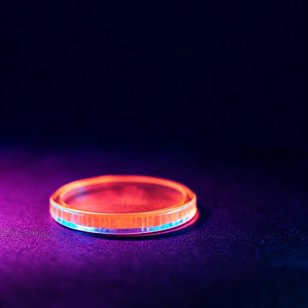Ficha de arcade brillando bajo luz rosa y cian