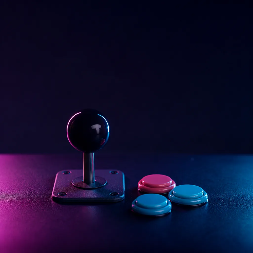 Joystick retro y botones de arcade con luz rosa y cian